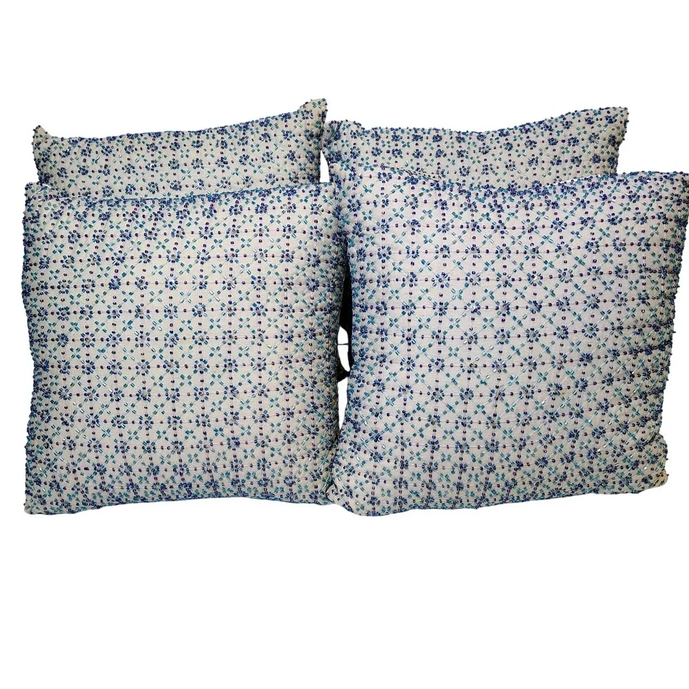 Pottery Barn Beaded Silk Throw Pillows Set of 4 White Blue Teal Geometric 12x12